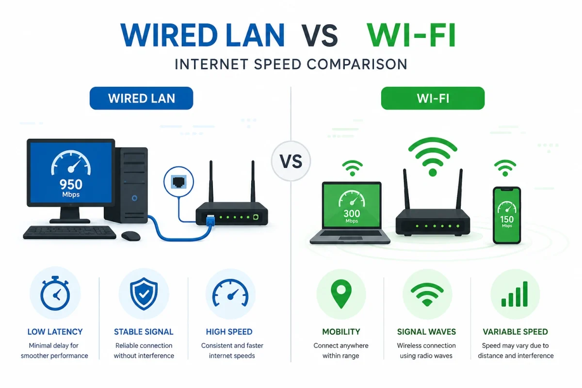 مقایسه سرعت اینترنت با کابل LAN و وایرلس (Wi-Fi)